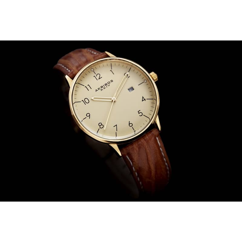 Akribos XXIV Men's Swiss Quartz Date Leather Gold-Tone Strap Watch