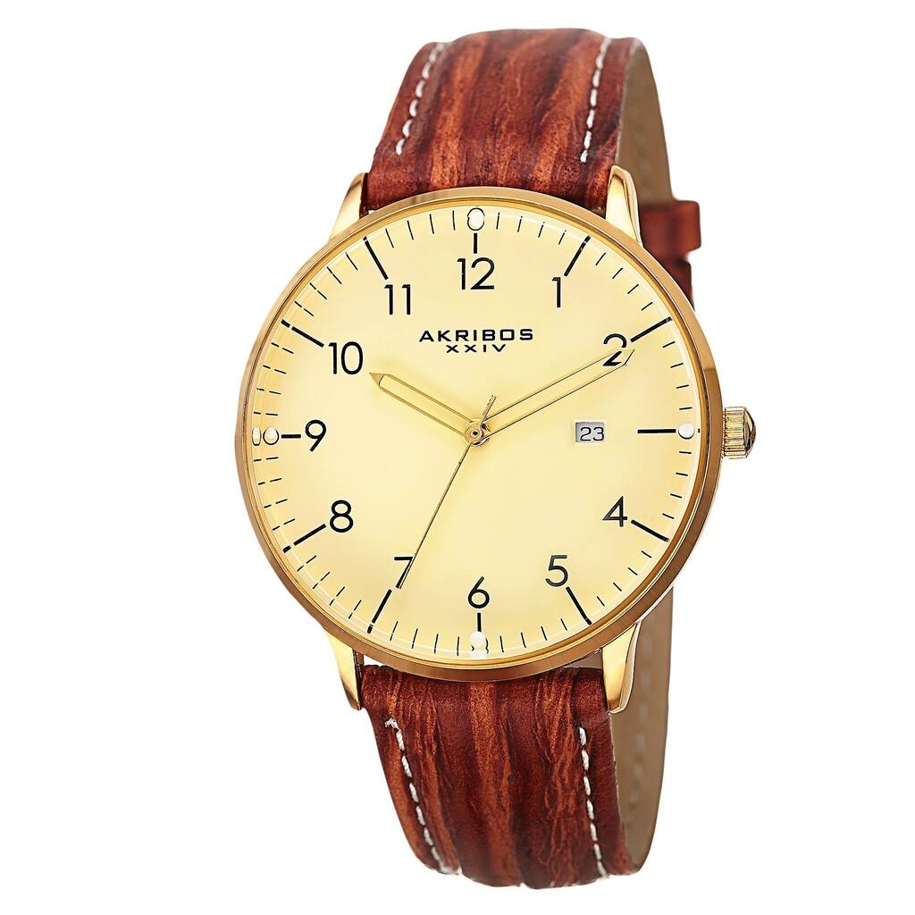 Akribos XXIV Men's Swiss Quartz Date Leather Gold-Tone Strap Watch