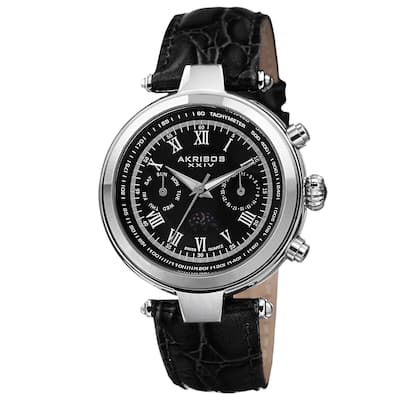 Akribos XXIV Men's Swiss Quartz Multifunction Tachymeter Leather Silver-Tone Strap Watch
