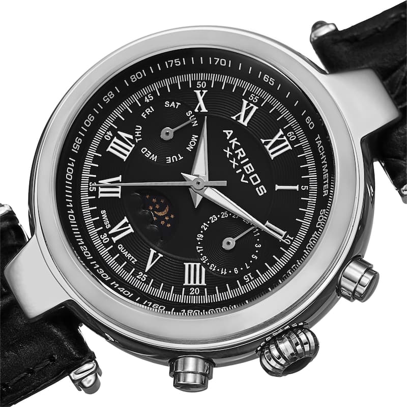 Akribos XXIV Men's Swiss Quartz Multifunction Tachymeter Leather Silver-Tone Strap Watch