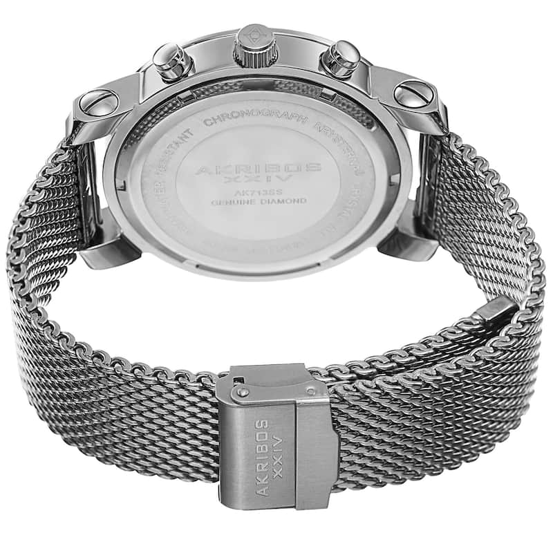Akribos XXIV Men's Chronograph Sparkling Pave Dial Mesh Silver-Tone Strap Watch