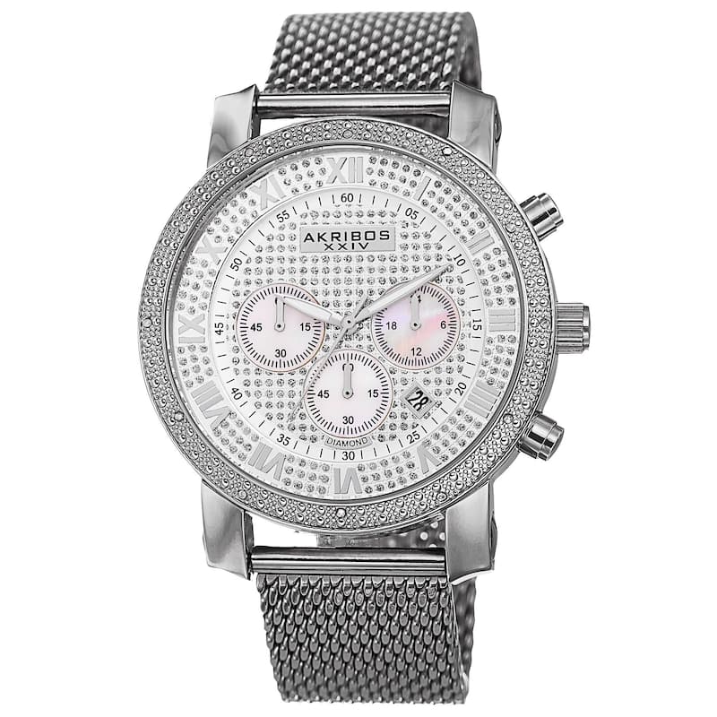Akribos XXIV Men's Chronograph Sparkling Pave Dial Mesh Silver-Tone Strap Watch