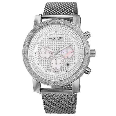 Akribos XXIV Men's Chronograph Sparkling Pave Dial Mesh Silver-Tone Strap Watch