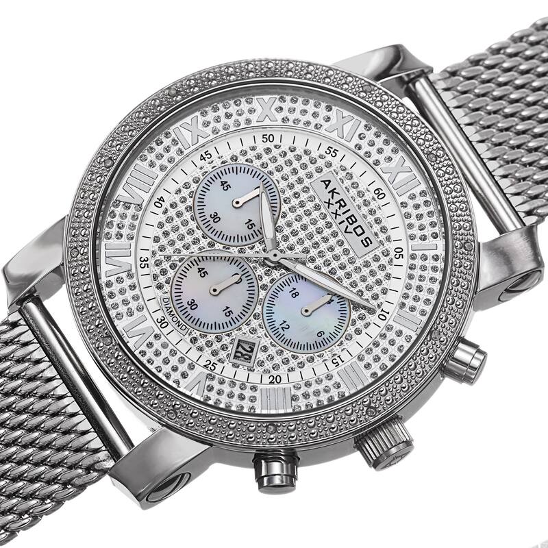 Akribos XXIV Men's Chronograph Sparkling Pave Dial Mesh Silver-Tone Strap Watch