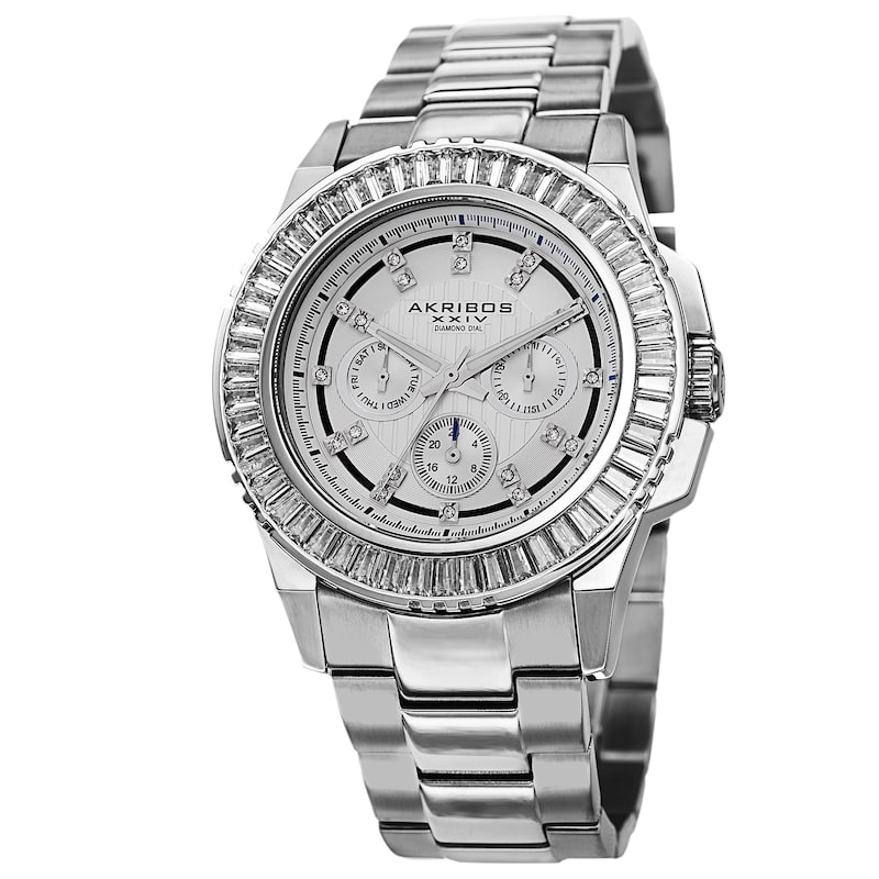 Akribos XXIV Men's Diamond Stainless Steel Silver-Tone Bracelet Watch