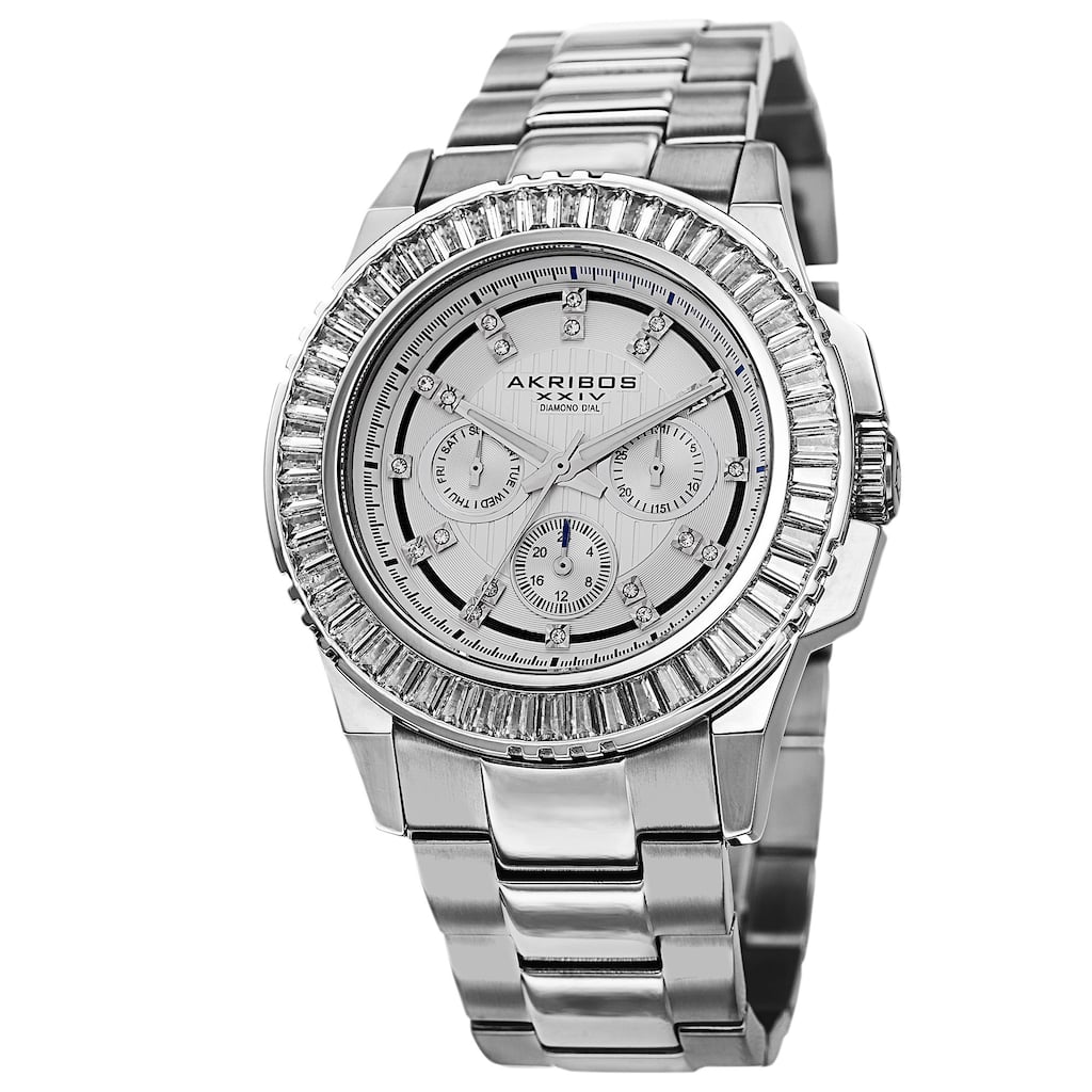 Akribos XXIV Men's Diamond Stainless Steel Silver-Tone Bracelet Watch