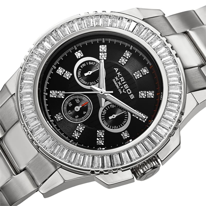 Akribos XXIV Men's Diamond Stainless Steel Silver-Tone Bracelet Watch