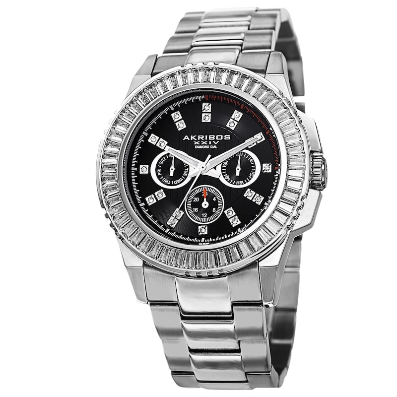Akribos XXIV Men's Diamond Stainless Steel Silver-Tone Bracelet Watch