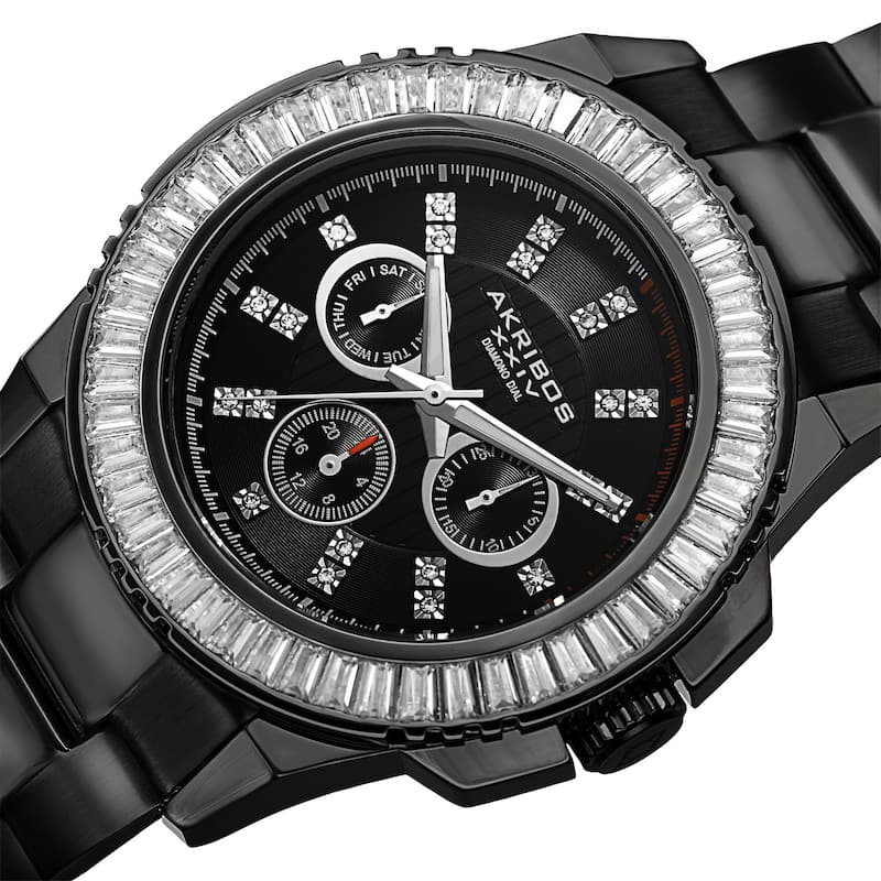 Akribos XXIV Men's Diamond Stainless Steel Black Bracelet Watch