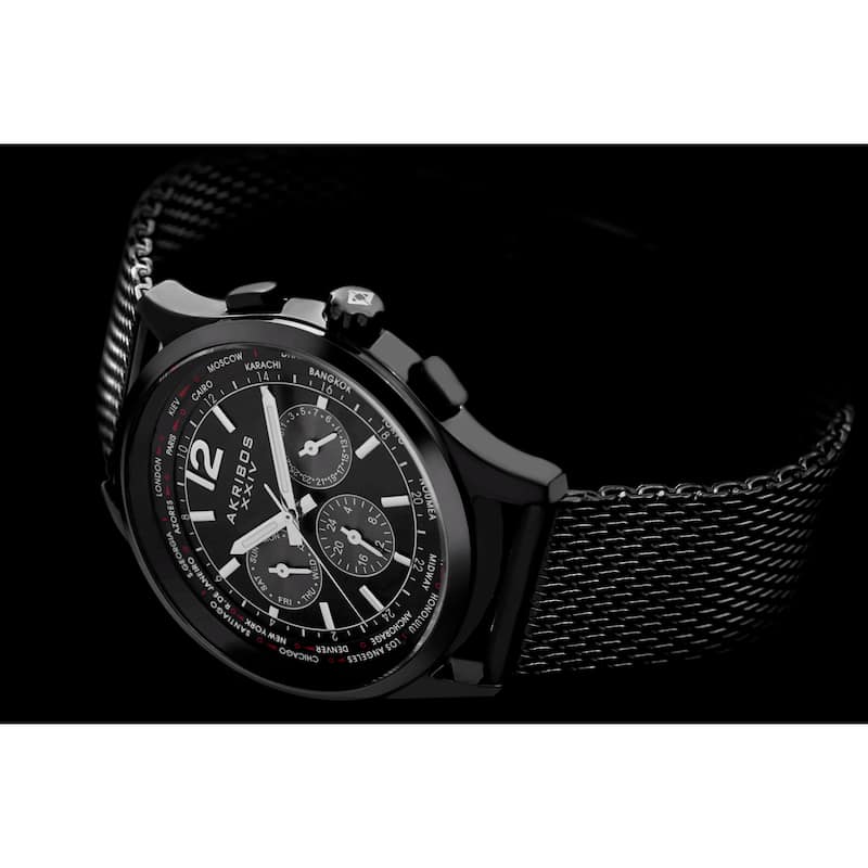 Akribos XXIV Men's Dual-Time Chronograph Mesh Stainless Steel Strap Bracelet Watch