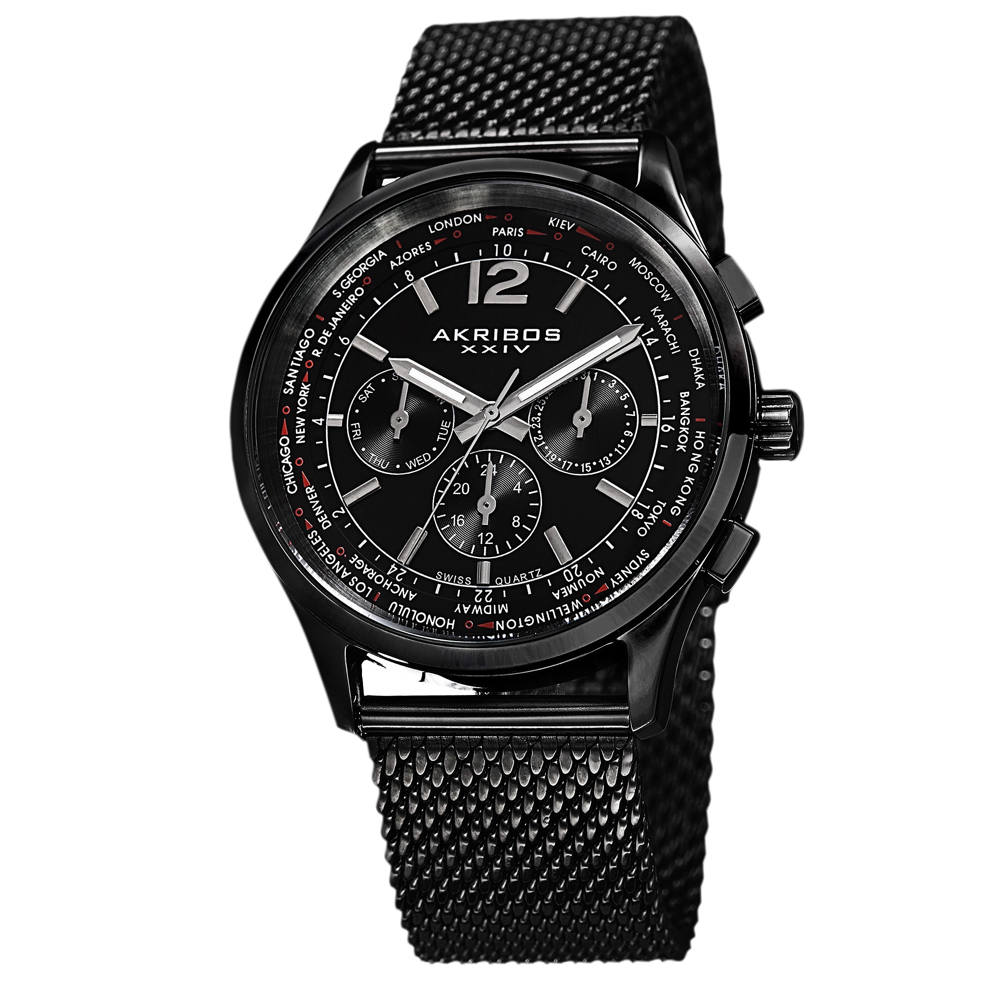 Akribos XXIV Mens Dual Time Chronograph Mesh Stainless Steel Strap