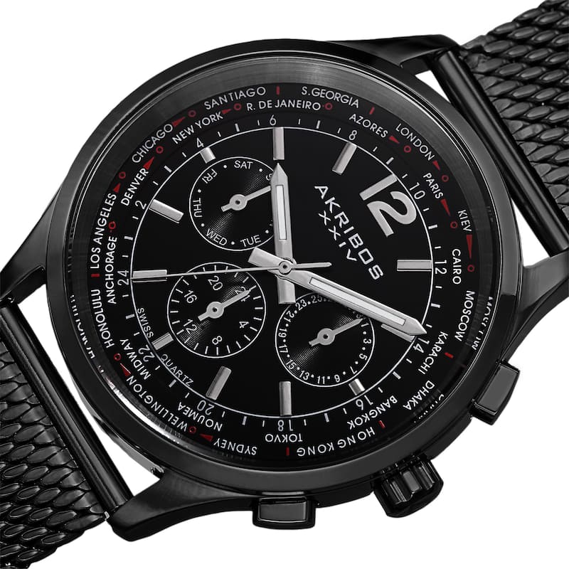 Akribos XXIV Men's Dual-Time Chronograph Mesh Stainless Steel Strap Bracelet Watch