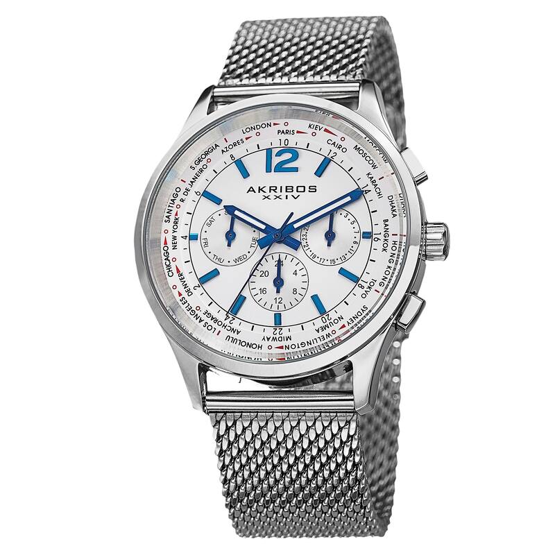 Akribos XXIV Men's Dual-Time Chronograph Mesh Stainless Steel Strap Bracelet Watch - Black - silvertone & white - Silver-Tone