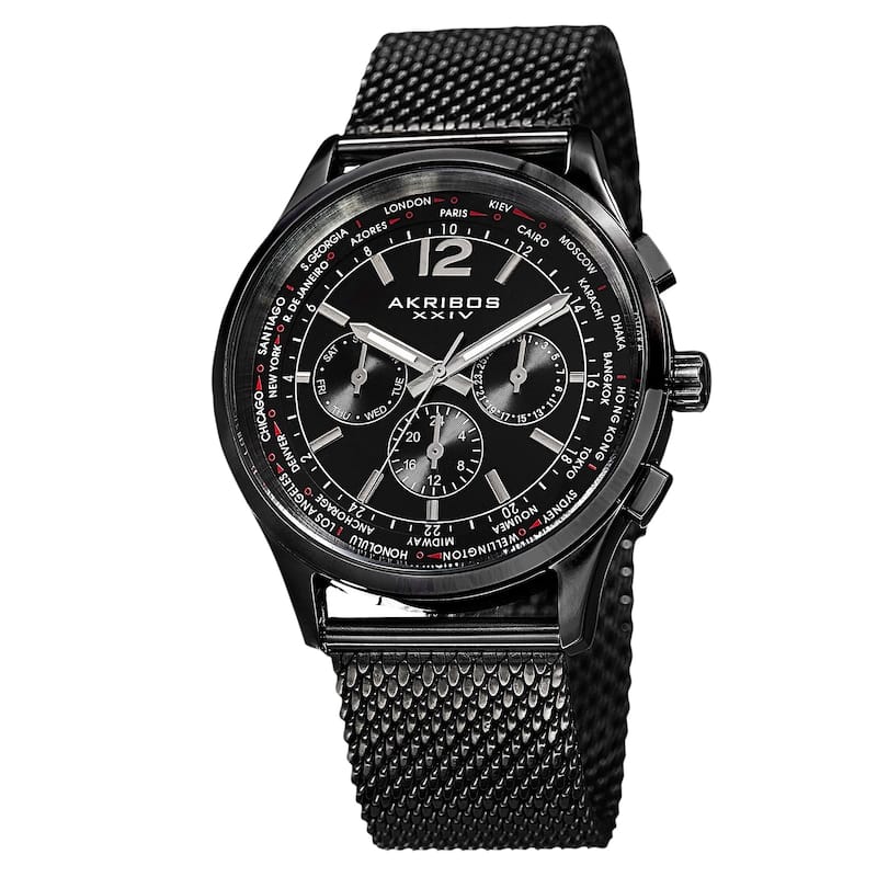 Akribos XXIV Men's Dual-Time Chronograph Mesh Stainless Steel Strap Bracelet Watch