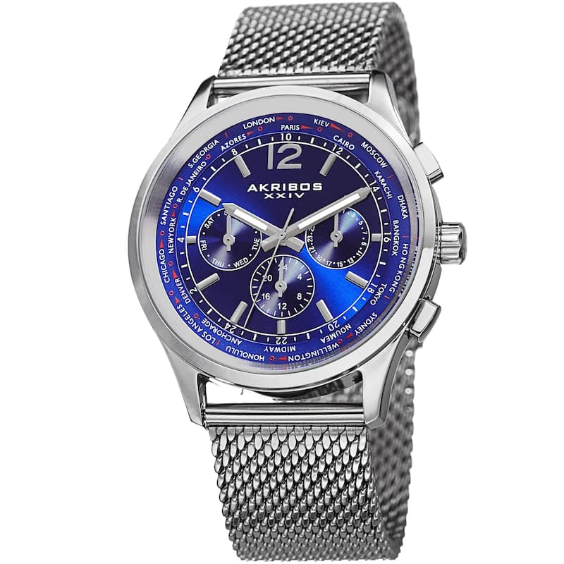 Akribos XXIV Men's Dual-Time Chronograph Mesh Stainless Steel Strap Bracelet Watch