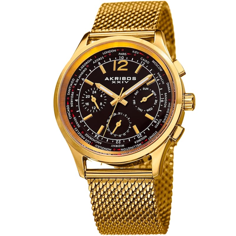Akribos XXIV Men's Dual-Time Chronograph Mesh Stainless Steel Strap Bracelet Watch