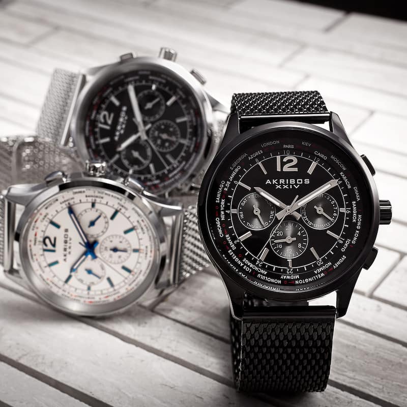 Akribos XXIV Men's Dual-Time Chronograph Mesh Stainless Steel Strap Bracelet Watch