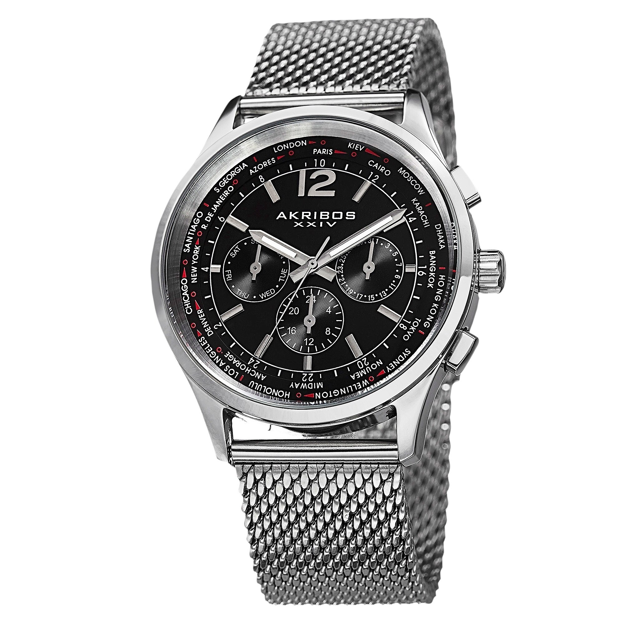 Akribos XXIV Men's Dual-Time Chronograph Mesh Stainless Steel