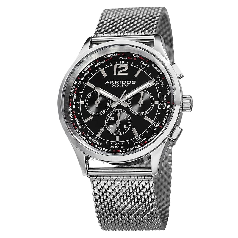 Akribos XXIV Men's Dual-Time Chronograph Mesh Stainless Steel Strap Bracelet Watch - Black - silvertone & black - Silver-Tone