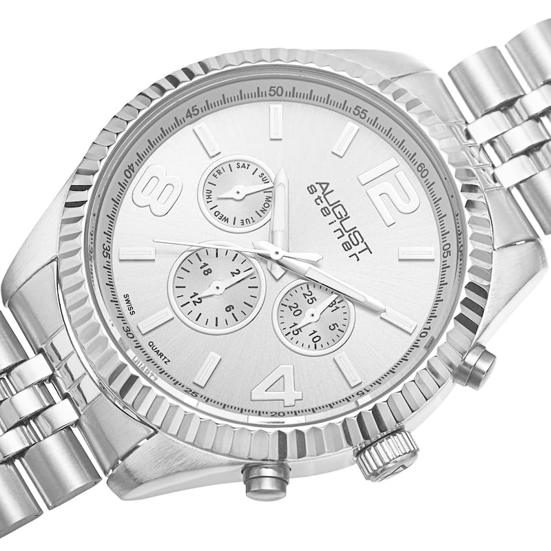 August Steiner Men's Silvertone Swiss Quartz Multifunction Bracelet Watch