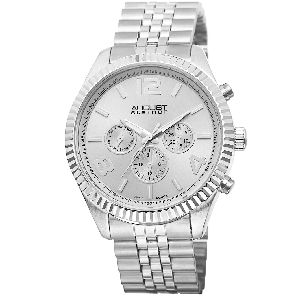 August Steiner Men's Silvertone Swiss Quartz Multifunction Bracelet Watch