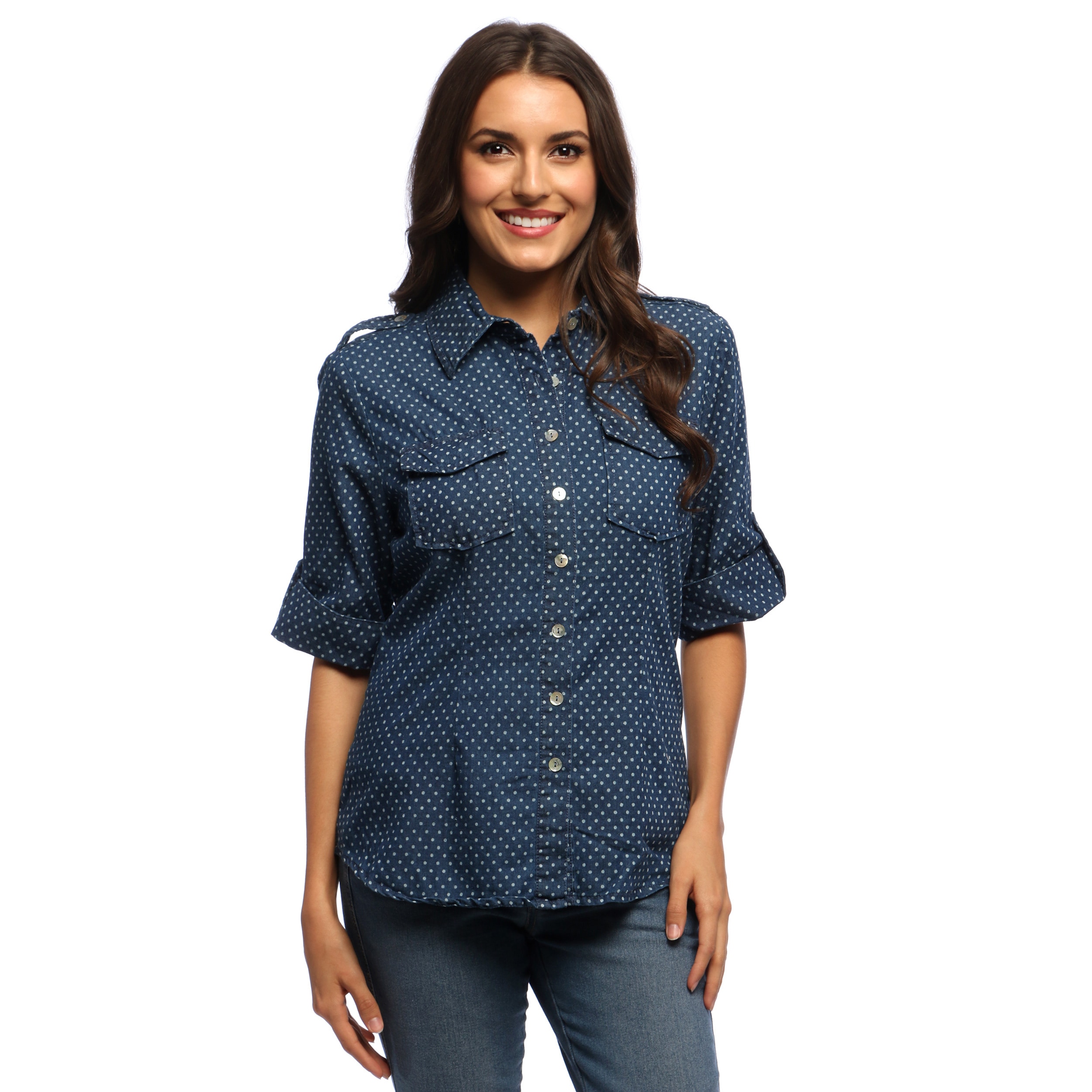 Live A Little Womens Polka dot Navy Roll Sleeve Shirt