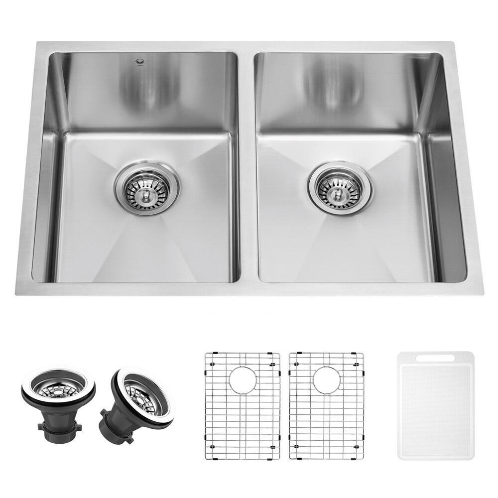 VIGO 29-inch Undermount Stainless Steel 16 Gauge Stainless Steel Double Kitchen Sink with Rounded Edge, Grids, and Strainers