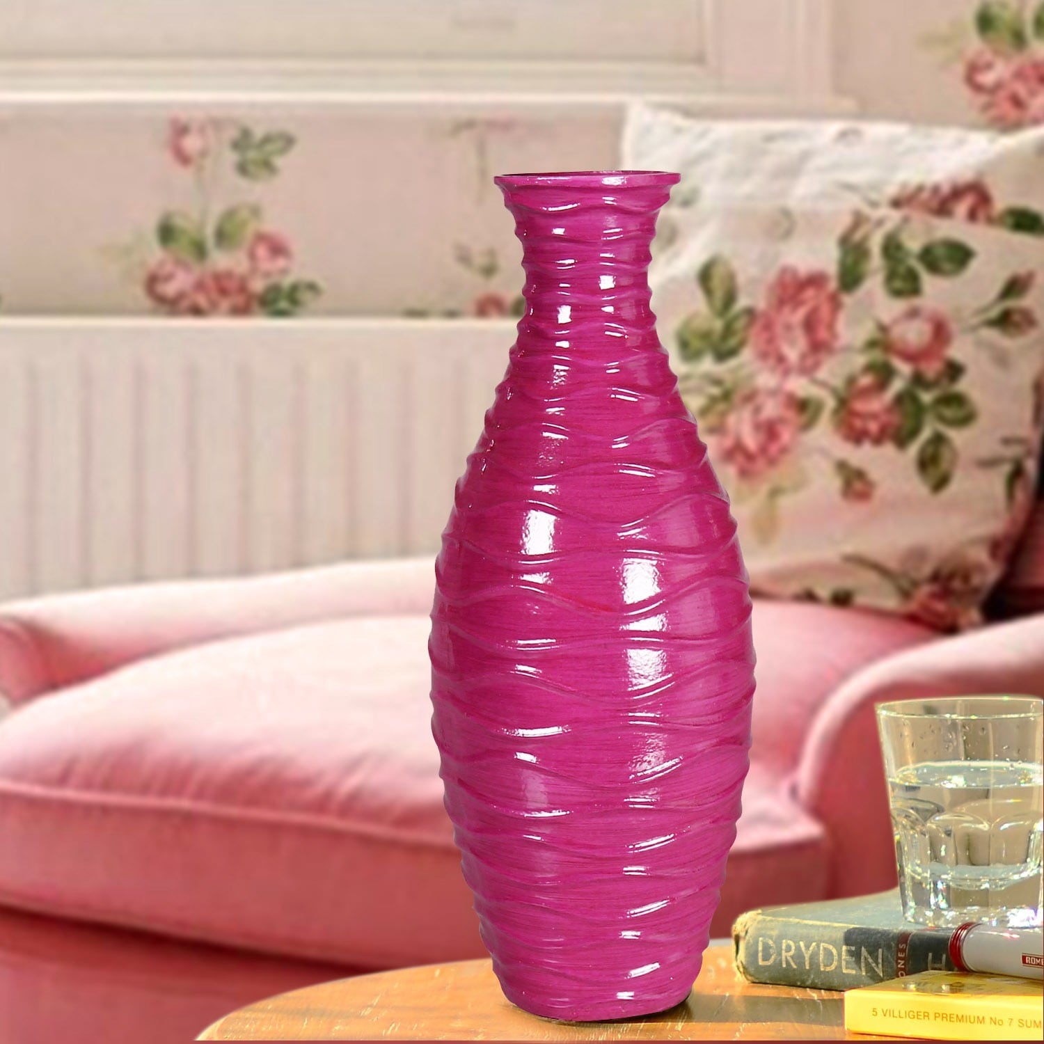 Bright Fuchsia Textured Decorative Wood Vase