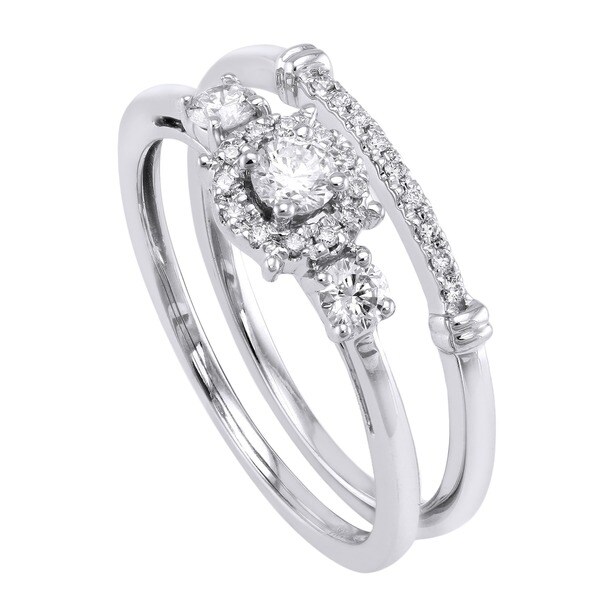 Beverly Hills Charm 14k White Gold 1/3ct TDW 3 stone Halo Bridal Ring