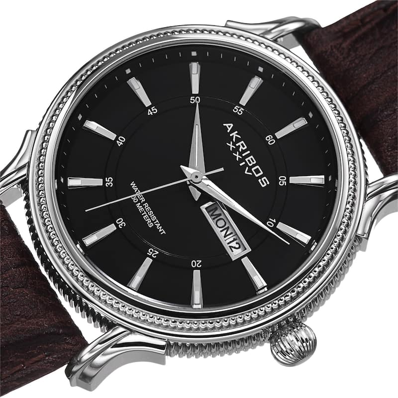 Akribos XXIV Men's Quartz Coin-Edge Bezel Leather Brown Strap Watch