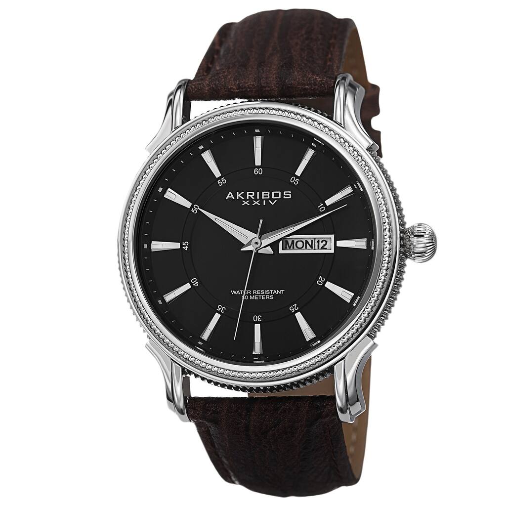Akribos XXIV Men's Quartz Coin-Edge Bezel Leather Brown Strap Watch