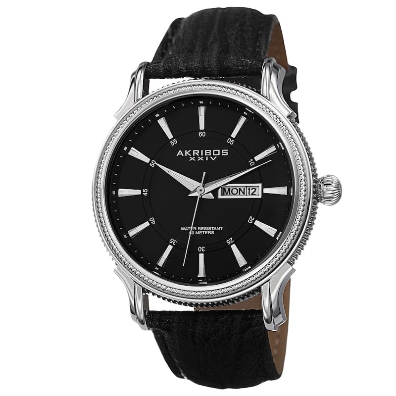 Akribos XXIV Men's Quartz Coin-Edge Bezel Leather Silver-Tone Strap Watch