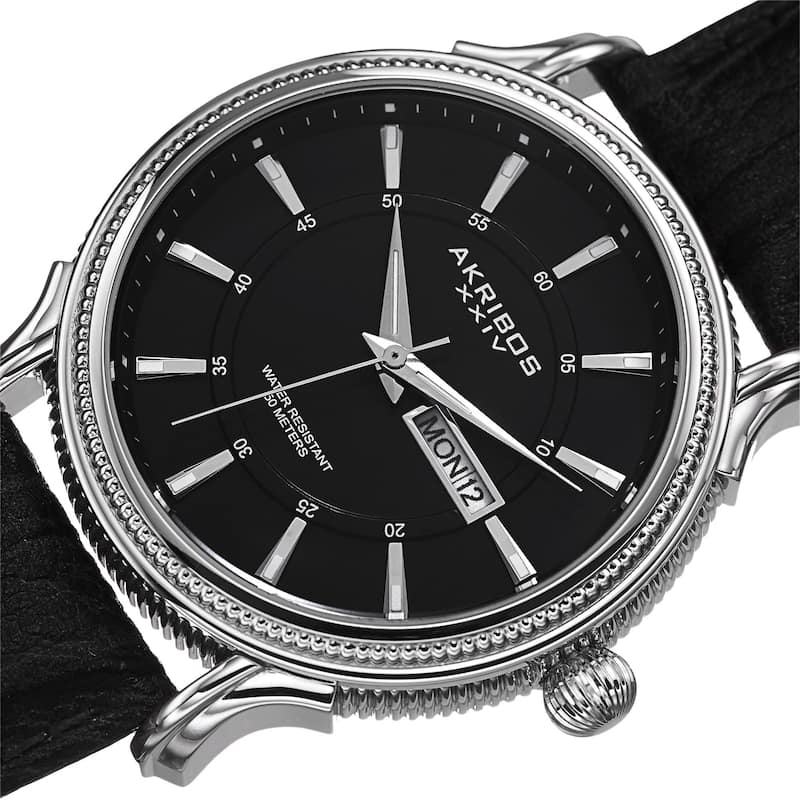Akribos XXIV Men's Quartz Coin-Edge Bezel Leather Silver-Tone Strap Watch