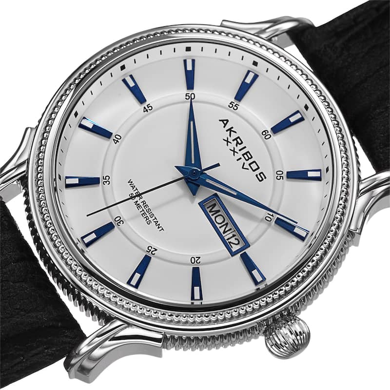 Akribos XXIV Men's Quartz Coin-Edge Bezel Leather White Strap Watch