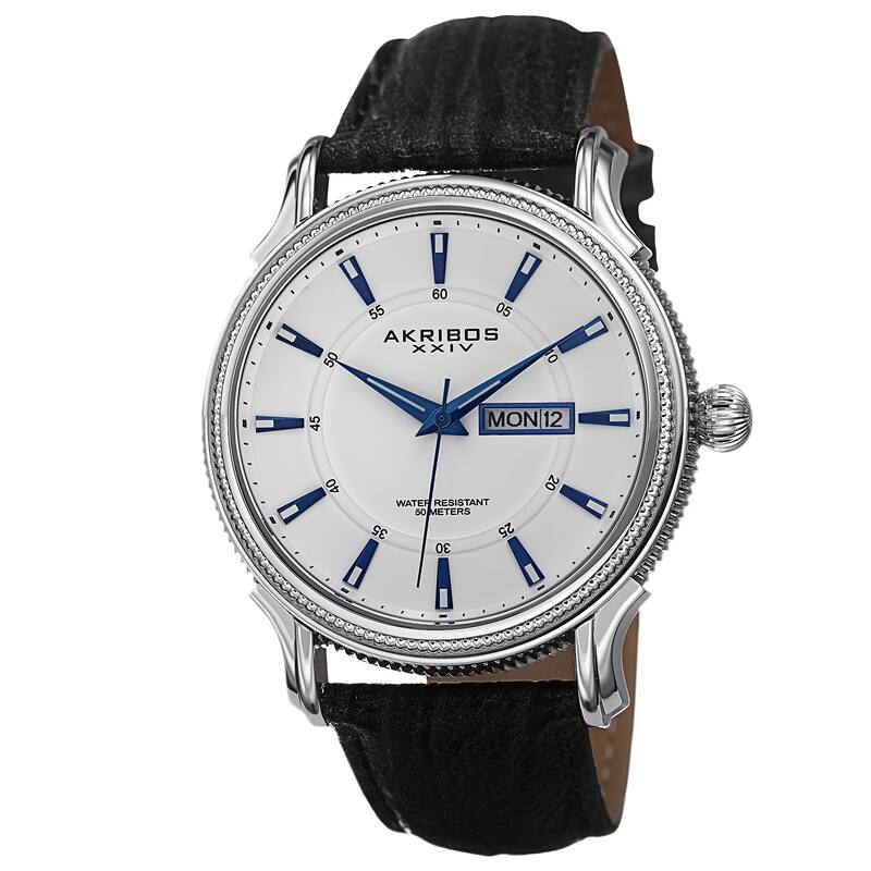 Akribos XXIV Men's Quartz Coin-Edge Bezel Leather White Strap Watch