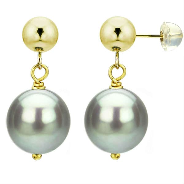 DaVonna 14k Yellow Gold Grey Cultured Pearl Dangle Earring (8-12 mm). Opens flyout.