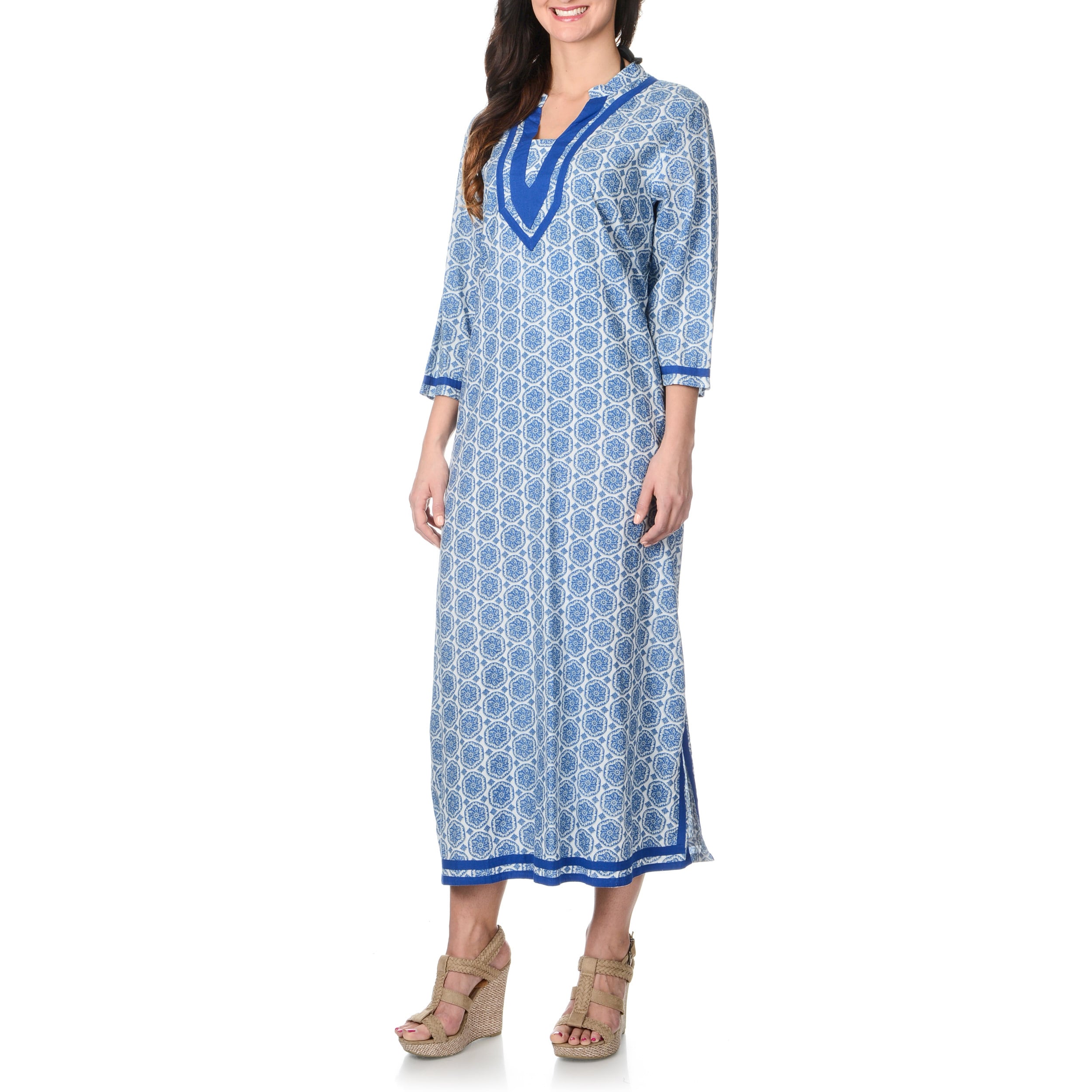 La Cera La Cera Womens Medallion Print Maxi Swim Cover Up Blue Size S (4  6)