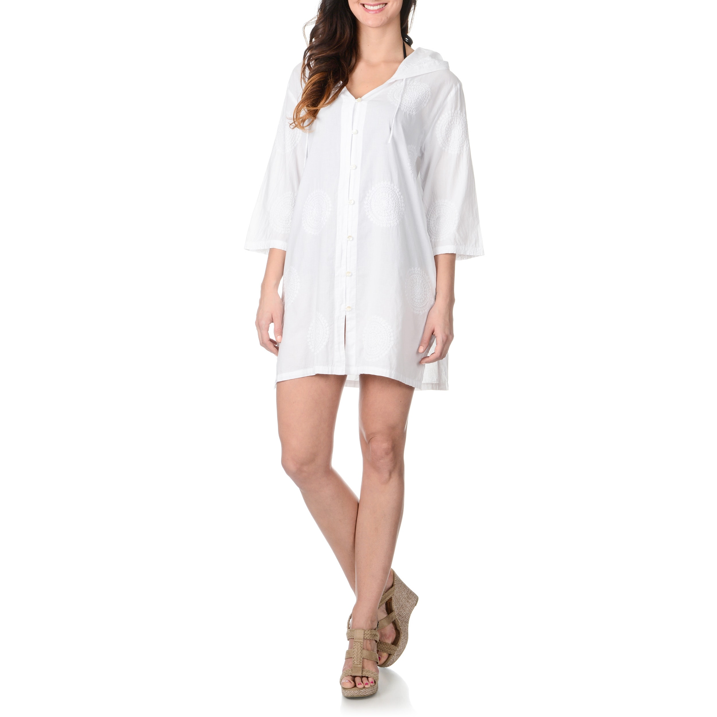 La Cera Womens Embroidered Tunic Swim Cover Up