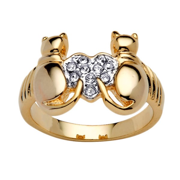 Round Crystal 14k Yellow Gold-Plated Cats and Heart Ring Bold Fashion