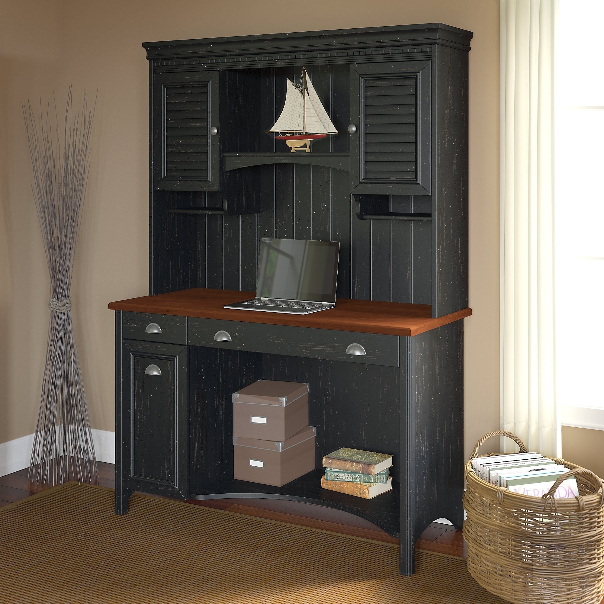 Bush Furniture Stanford Antique Black With Hansen Cherry Accent Computer Desk And Hutch