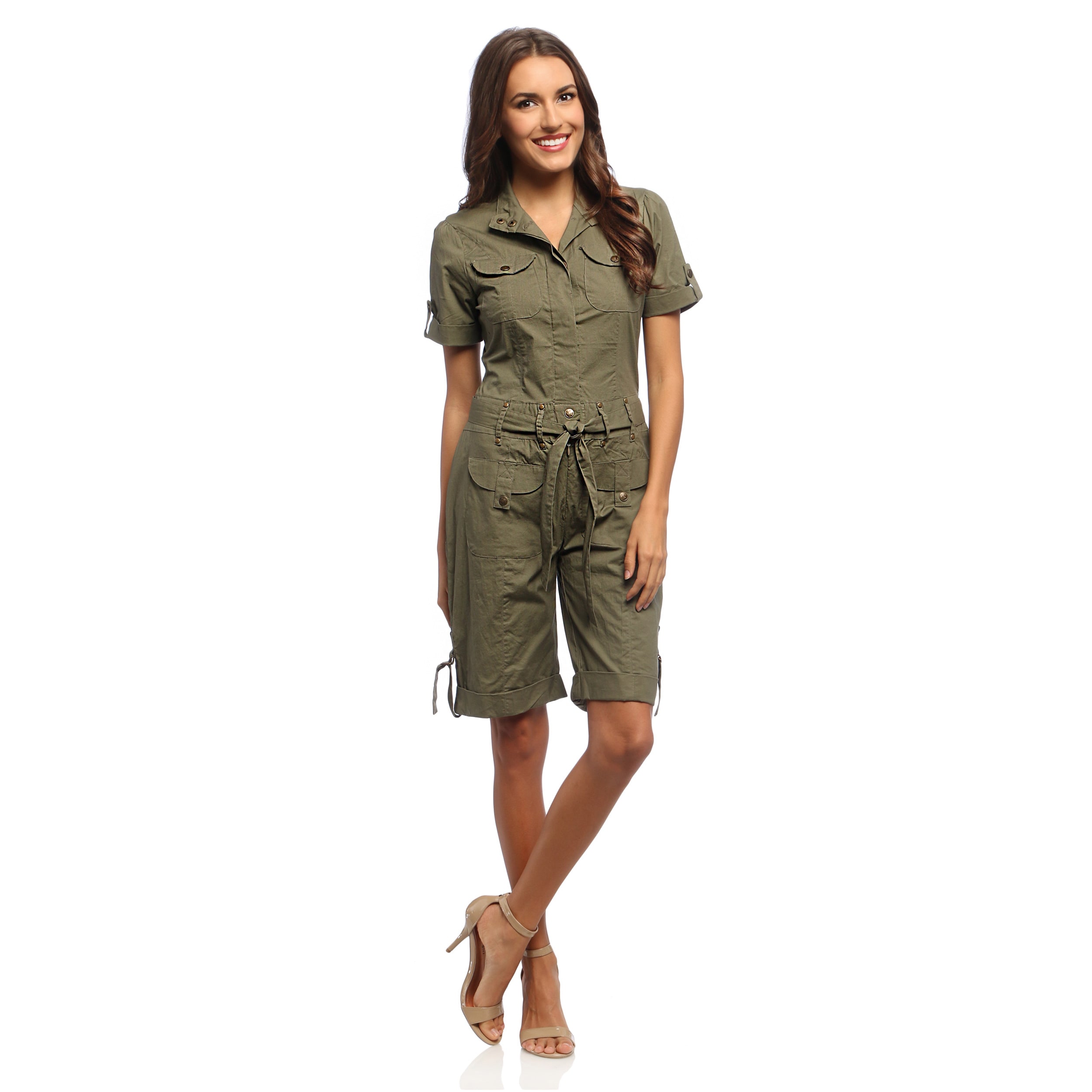 Live A Little Live A Little Womens Kelp Green Belted Romper Khaki Size S (4  6)