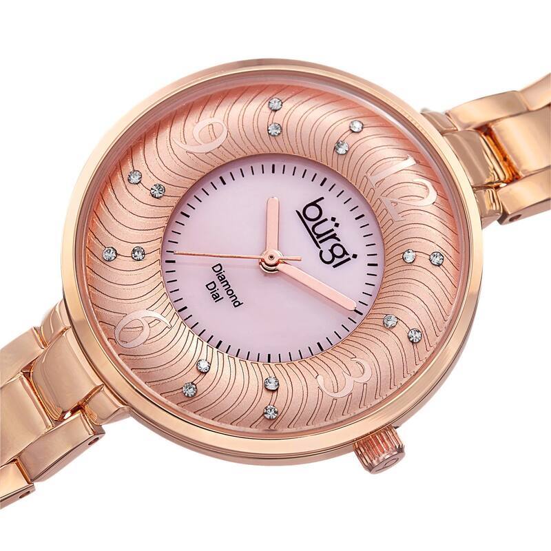 Burgi Women's Mother of Pearl Diamond-Accented Brass Chain Rose-Tone Watch