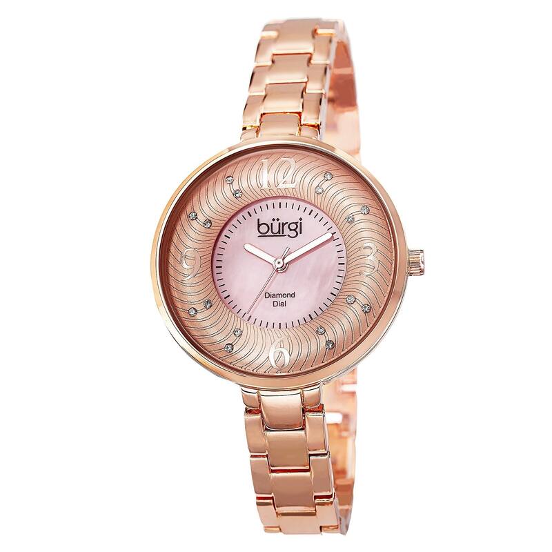 Burgi Women's Mother of Pearl Diamond-Accented Brass Chain Rose-Tone Watch