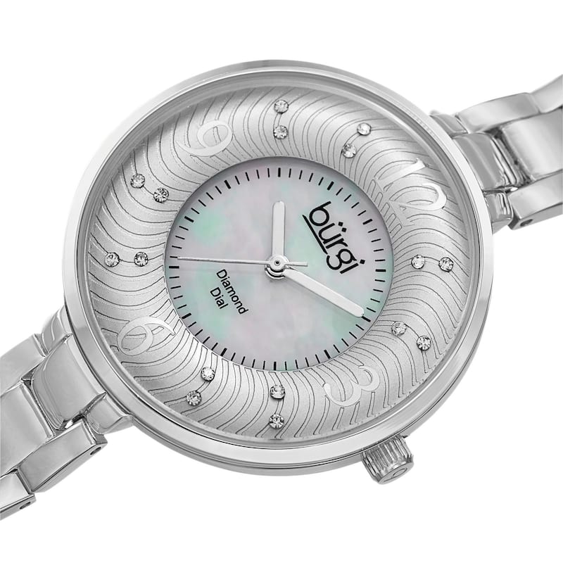 Burgi Women's Mother of Pearl Diamond-Accented Brass Chain Silver-Tone Watch