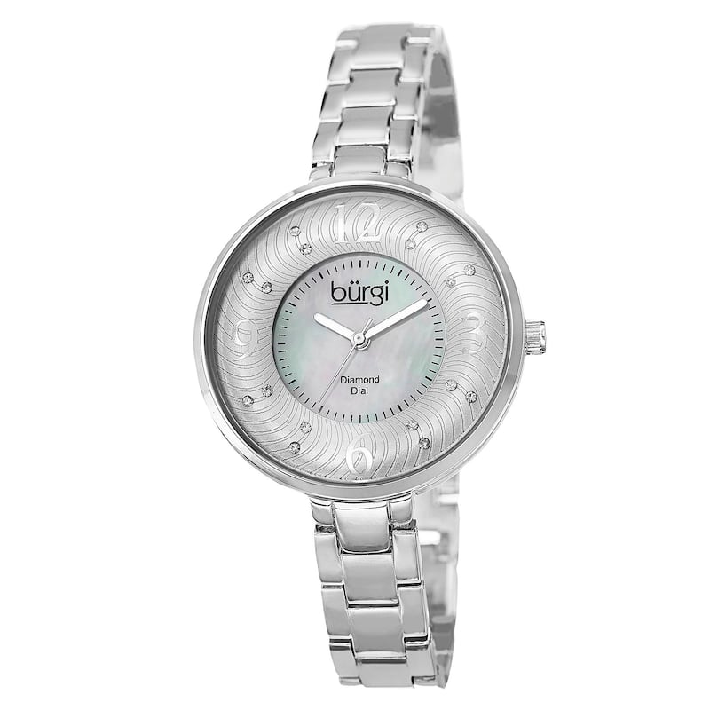 Burgi Women's Mother of Pearl Diamond-Accented Brass Chain Silver-Tone Watch