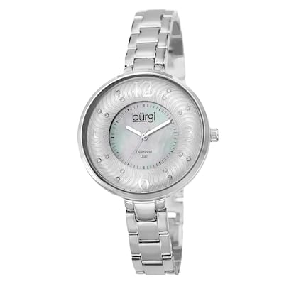 Burgi Women's Mother of Pearl Diamond-Accented Brass Chain Silver-Tone Watch