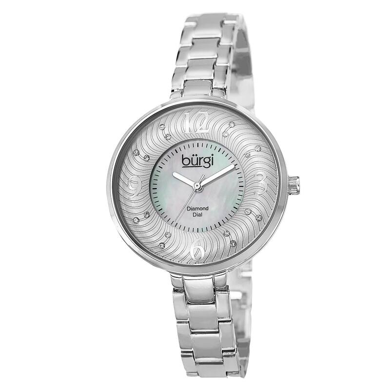 Burgi Women's Mother of Pearl Diamond-Accented Brass Chain Silver-Tone Watch