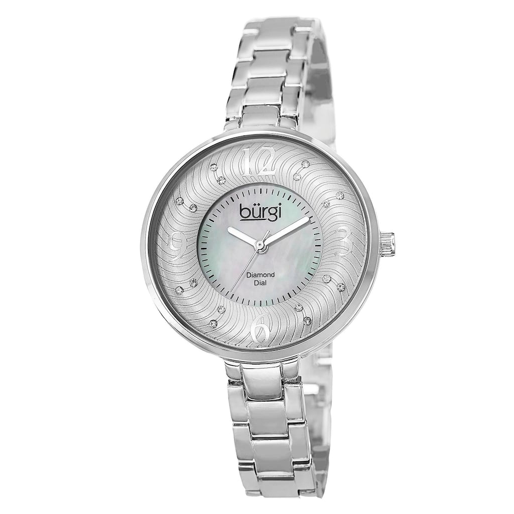 Burgi Women's Mother of Pearl Diamond-Accented Brass Chain Silver-Tone Watch