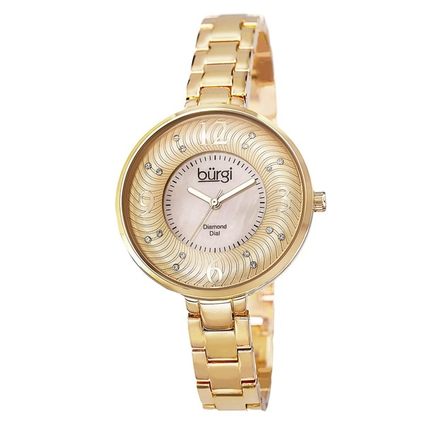 Burgi Womens Mother of Pearl Diamond Accented Brass Chain Watch