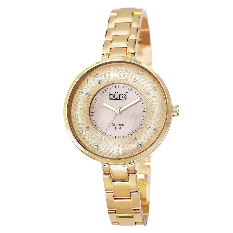 Burgi Women's Mother of Pearl Diamond-Accented Brass Chain Gold-Tone Watch